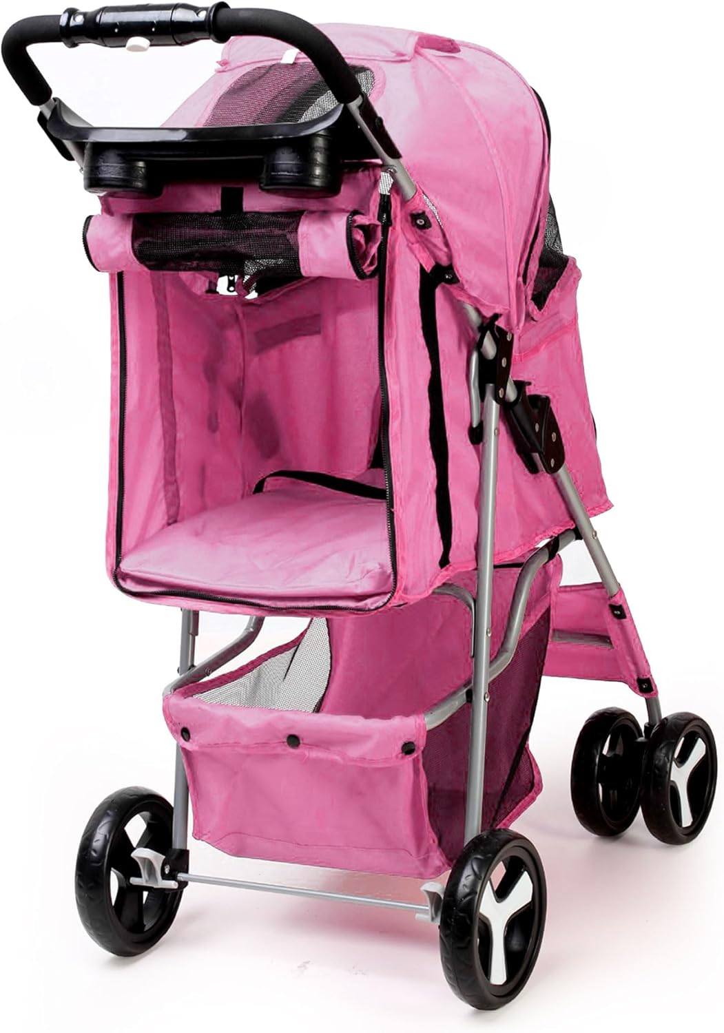 Foldable Pet Stroller with Rain Cover – Compact Pram for Small & Medium Dogs & Cats, Cup Holder & Storage Basket (Pink)