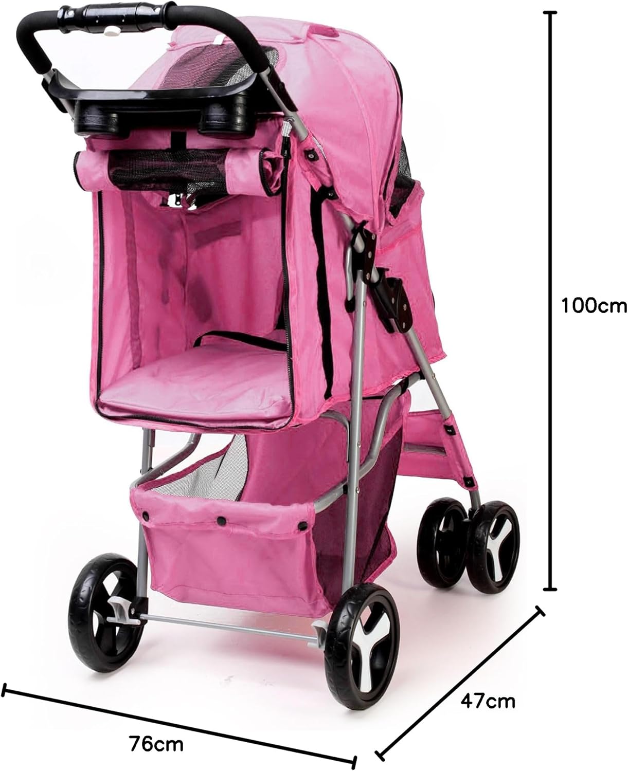 Foldable Pet Stroller with Rain Cover – Compact Pram for Small & Medium Dogs & Cats, Cup Holder & Storage Basket (Pink)