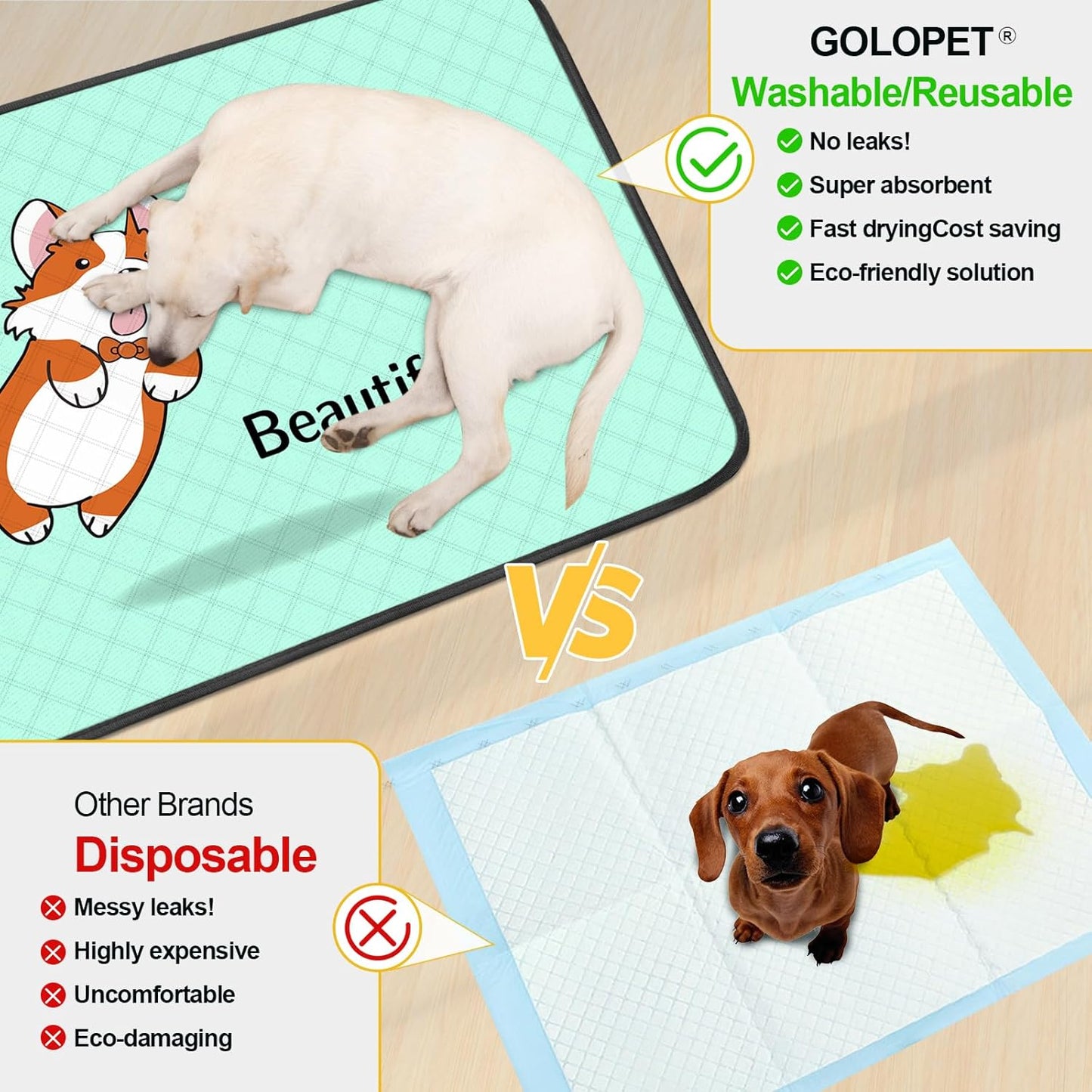 4-Pack Washable Dog Pee Pads (35x22in) – Reusable, Leak-Resistant & Absorbent Puppy Training Mats with Non-Slip Base – Blue