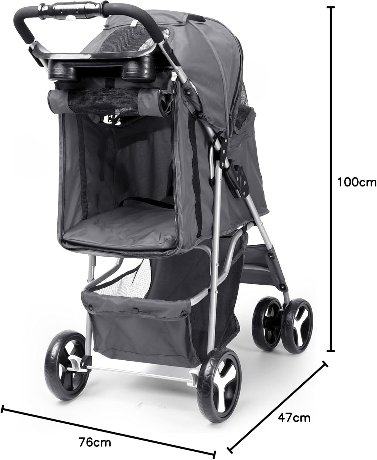 Foldable Pet Stroller with Rain Cover – Compact Pram for Small & Medium Dogs & Cats, Cup Holder & Storage Basket (Grey)