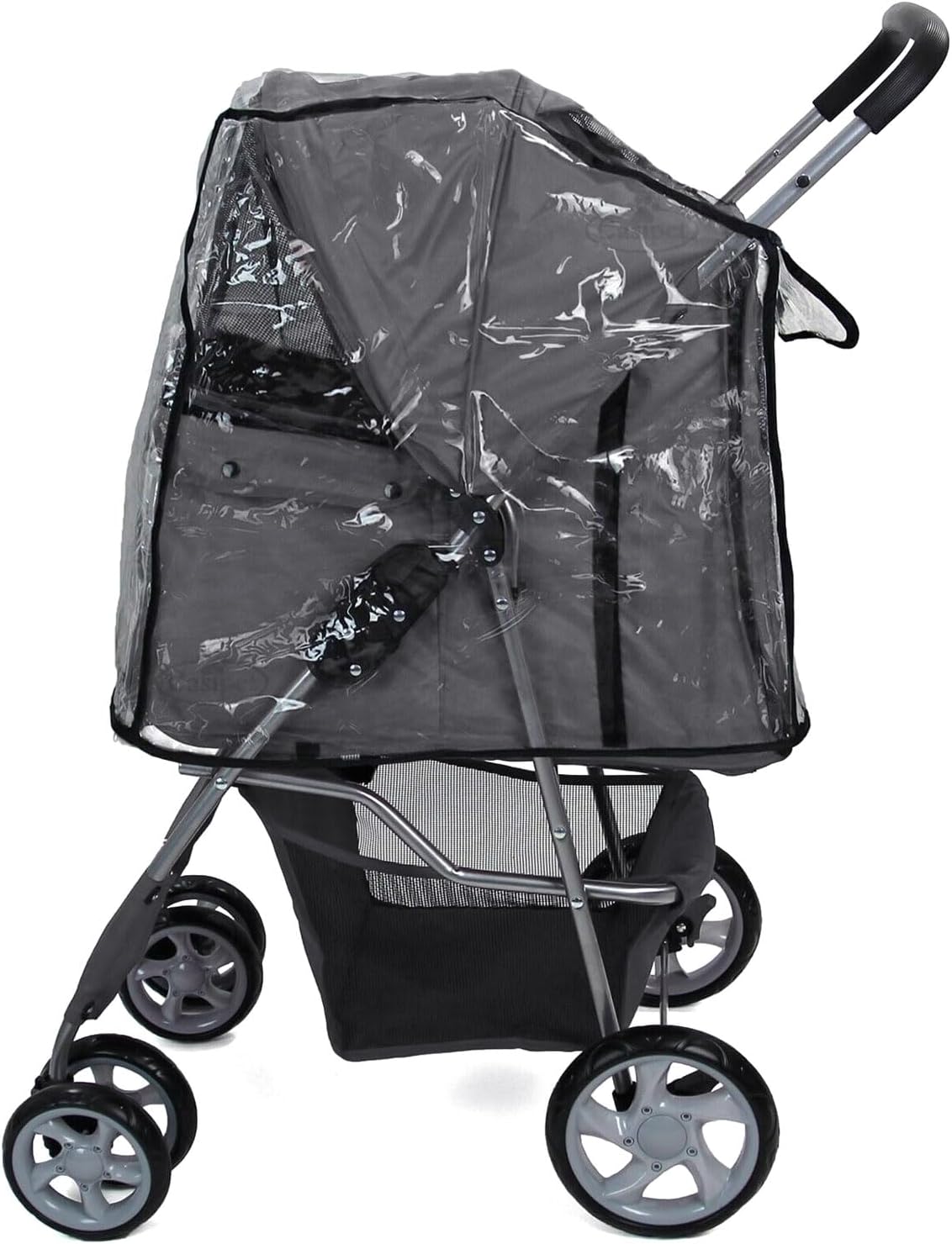 Foldable Pet Stroller with Rain Cover – Compact Pram for Small & Medium Dogs & Cats, Cup Holder & Storage Basket (Grey)