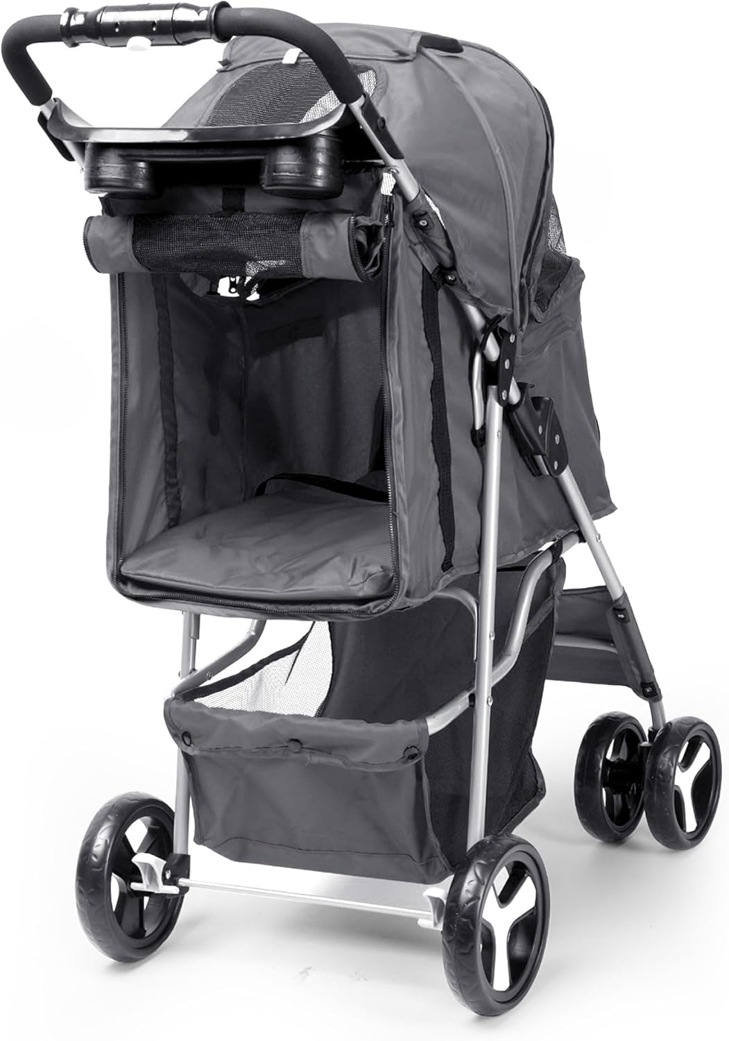 Foldable Pet Stroller with Rain Cover – Compact Pram for Small & Medium Dogs & Cats, Cup Holder & Storage Basket (Grey)