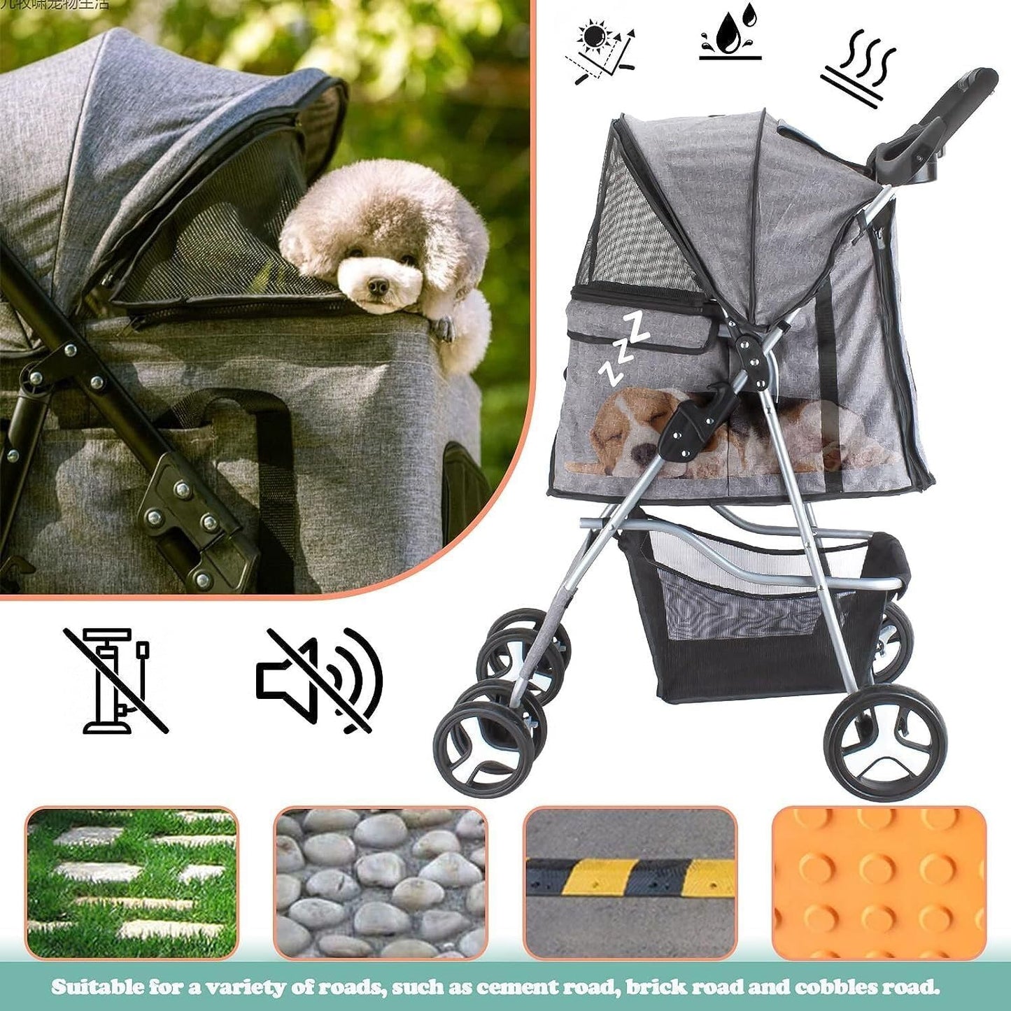 Foldable Pet Stroller with Rain Cover – Compact Pram for Small & Medium Dogs & Cats, Cup Holder & Storage Basket (Grey)