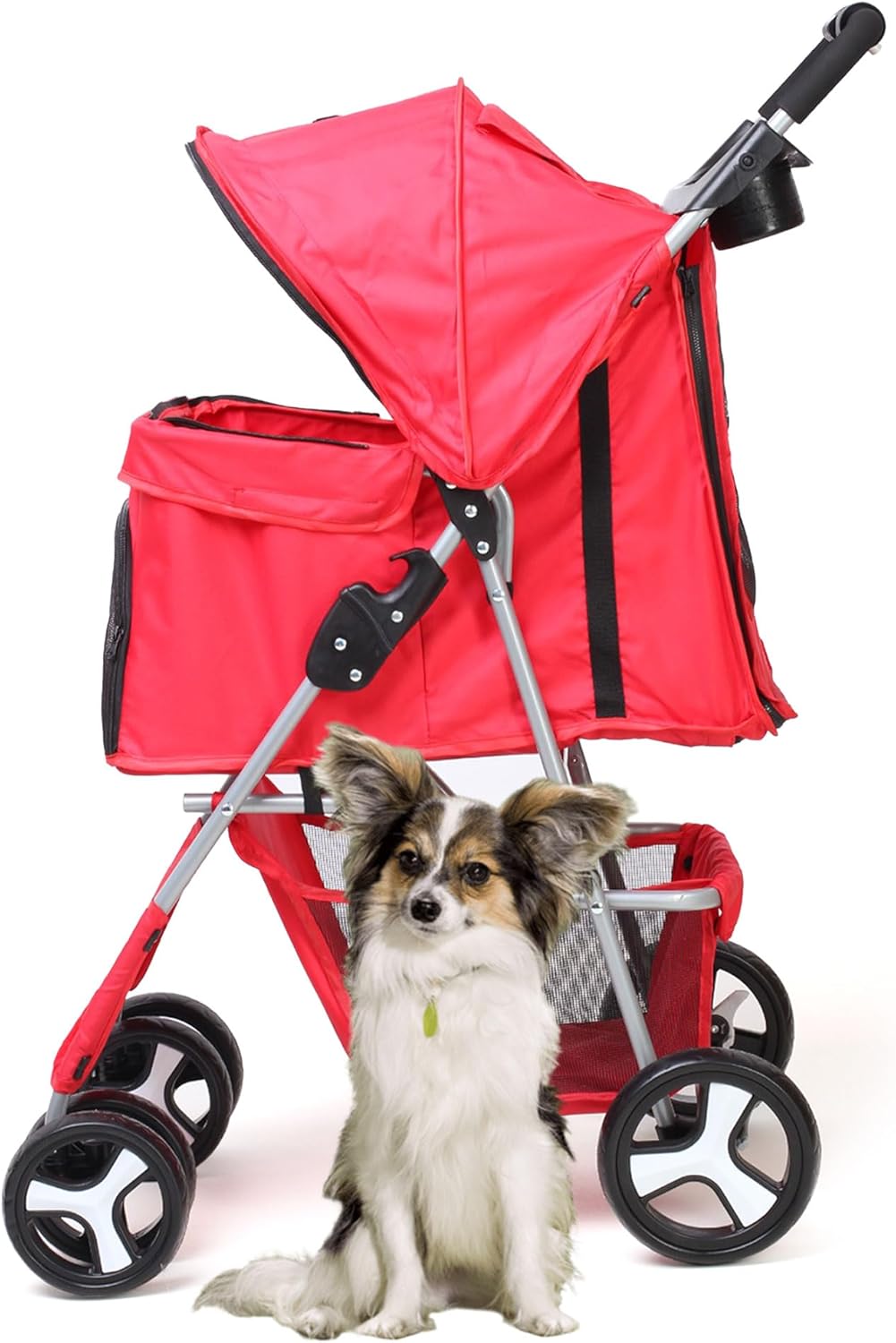 Foldable Pet Stroller with Rain Cover – Compact Pram for Small & Medium Dogs & Cats, Cup Holder & Storage Basket (Red)