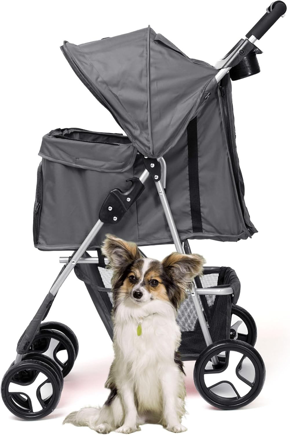 Foldable Pet Stroller with Rain Cover – Compact Pram for Small & Medium Dogs & Cats, Cup Holder & Storage Basket (Grey)