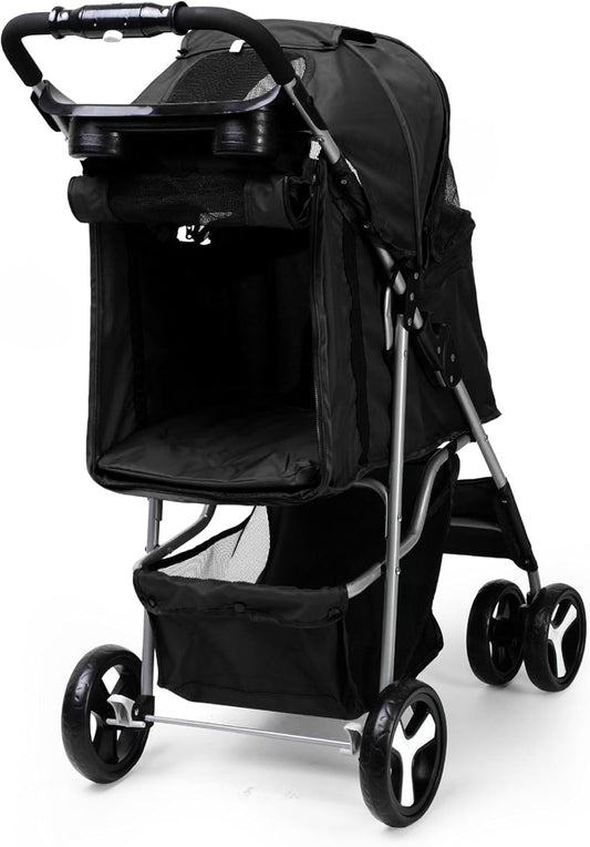 Foldable Pet Stroller with Rain Cover – Compact Pram for Small & Medium Dogs & Cats, Cup Holder & Storage Basket (Black)