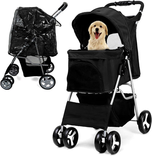 Foldable Pet Stroller with Rain Cover – Compact Pram for Small & Medium Dogs & Cats, Cup Holder & Storage Basket (Black)